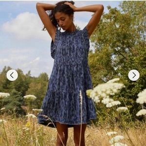 ANTHROPOLOGIE JENEE BLUE CHAMBRAY LEOPARD PRINT TIERED RUFFLE TUNIC DRESS SMALL